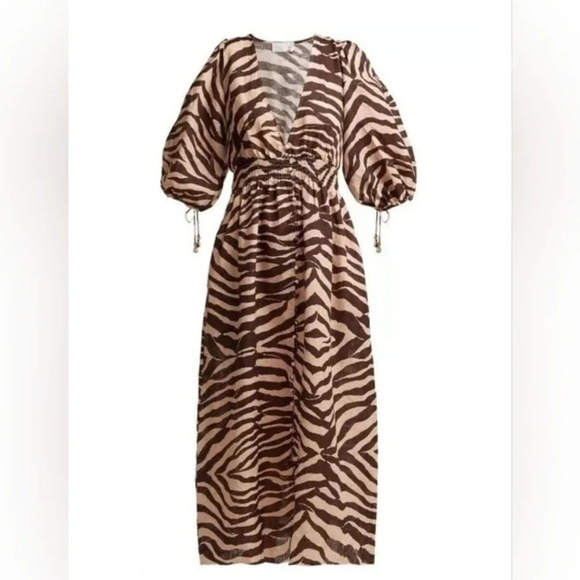 $995 Zimmermann Women Brown Zebra Print Linen Juniper Shirred Waist Mid 4 - Picture 1 of 13